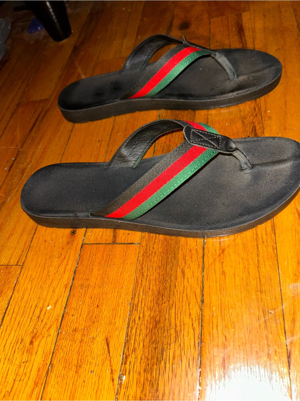 Women’s Black Flip Flops with Red & Green Straps - Picture 3 of 6